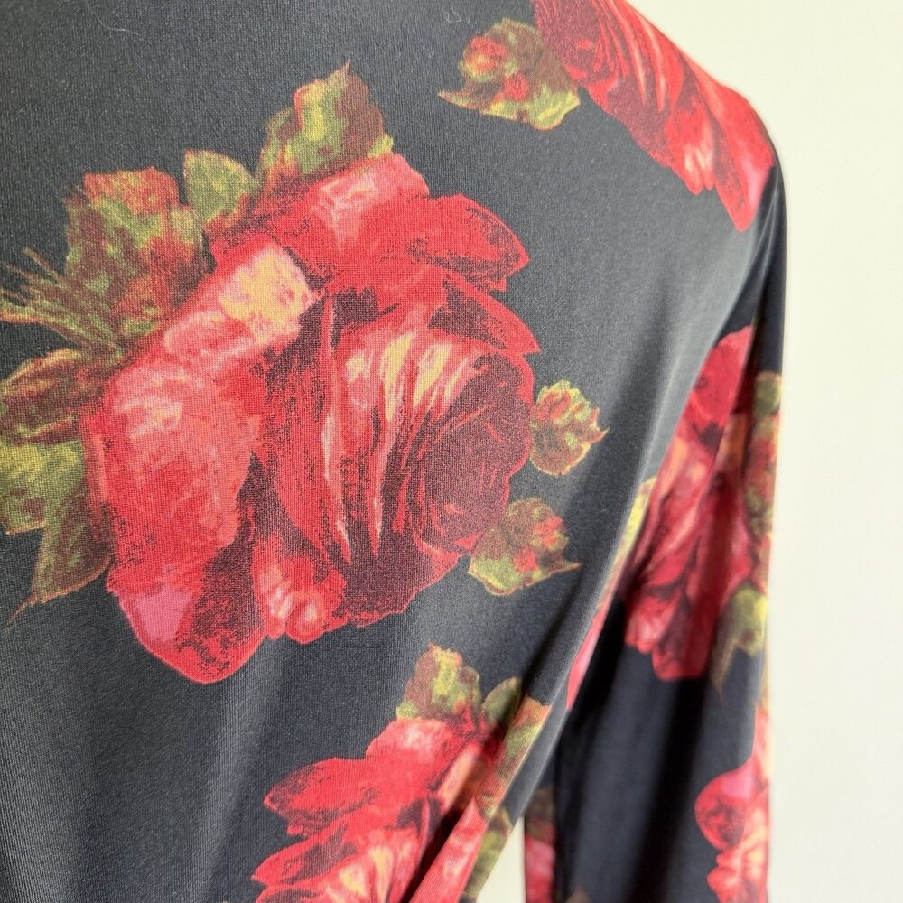Betsey Johnson Floral Wrap Top S Black Red Roses Bell Sleeve Peplum Boho Romance - Picture 6 of 13